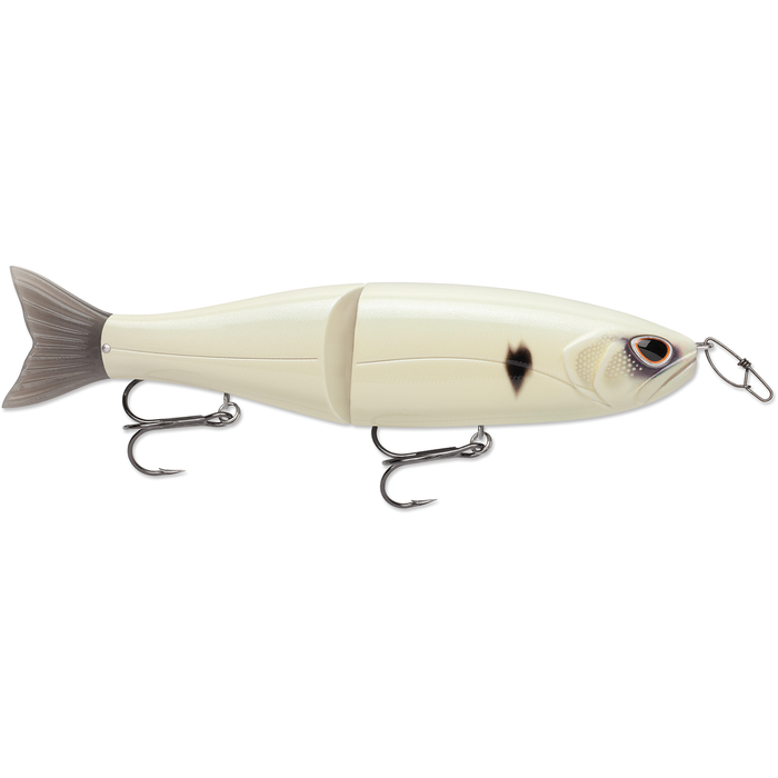 Storm Arashi Glide 19 fishing lure in off-white with realistic fish eyes, jointed body for lifelike swimming action, two sharp treble hooks, and a detailed tail fin.