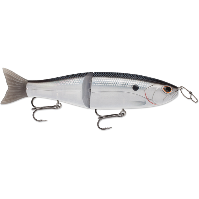 Storm Arashi Glide 19 is a lifelike, segmented fishing lure designed to mimic a swimming fish with realistic colors, two treble hooks, and a flexible jointed body for natural movement.