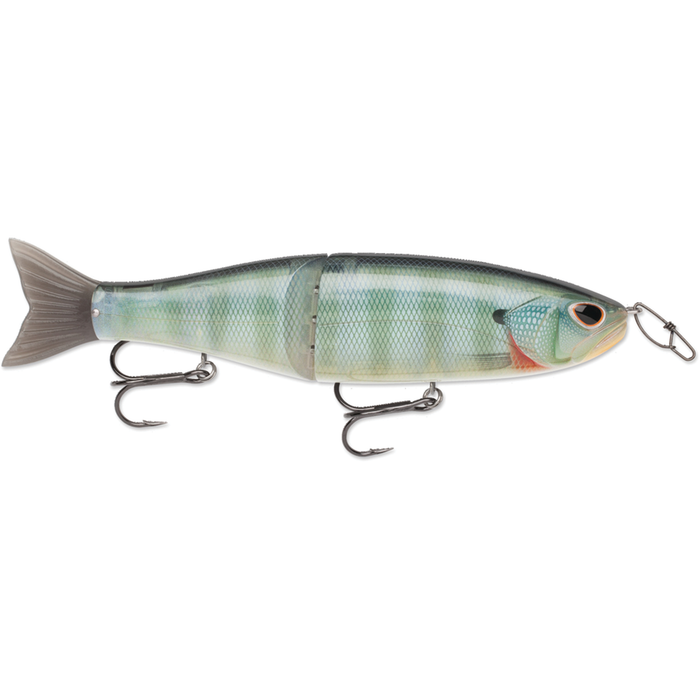 Storm Arashi Glide 19 fishing lure with a segmented body and realistic fish pattern in green and silver, featuring two treble hooks and a tail fin for lifelike movement in water.