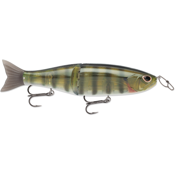 Storm Arashi Glide 19 is a segmented fishing lure with realistic fish patterns, featuring two treble hooks and a flexible tail designed for lifelike movement in water.