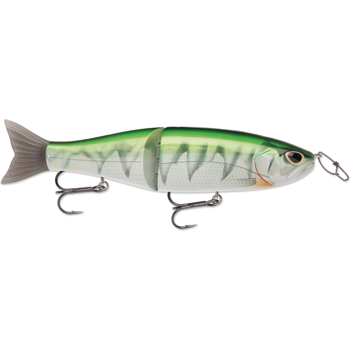 Storm Arashi Glide 19 fishing lure designed to resemble a green and silver fish with two treble hooks and a jointed body for lifelike movement in water.