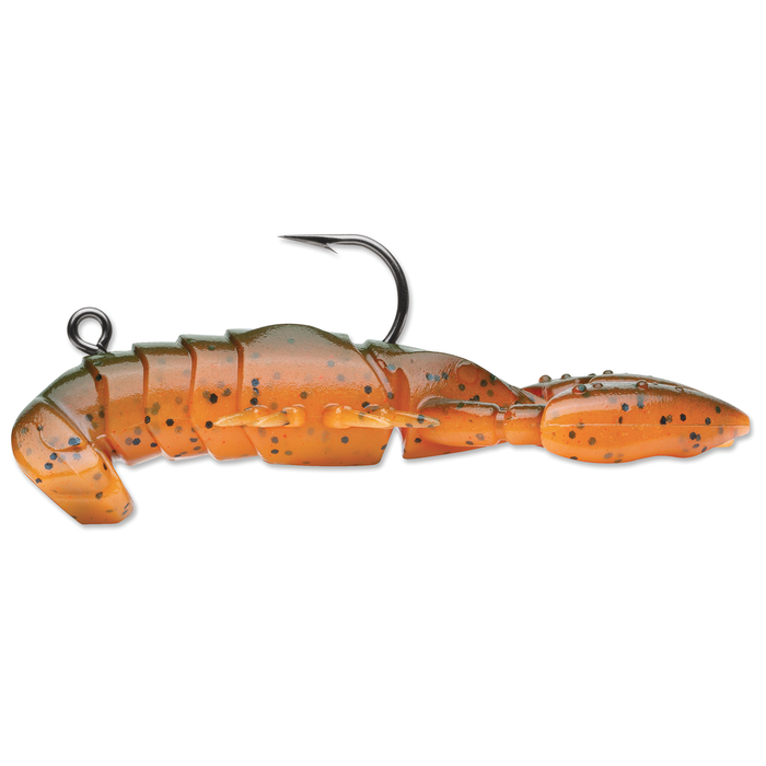 Soft plastic fishing lure designed to mimic a crawfish with an orange and brown speckled body, featuring a single sharp hook, Storm Surge Craw.
