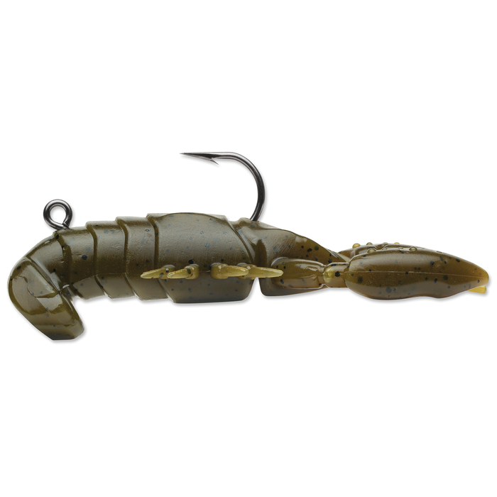Storm Surge Craw soft plastic fishing lure shaped like a crawfish with segmented body, hook embedded for easy rigging, and realistic details in green with black speckles.