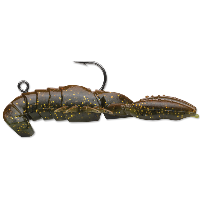 Close-up of a segmented dark green and brown fishing lure with gold flecks and an attached hook, designed to resemble a crawfish, called Storm Surge Craw.