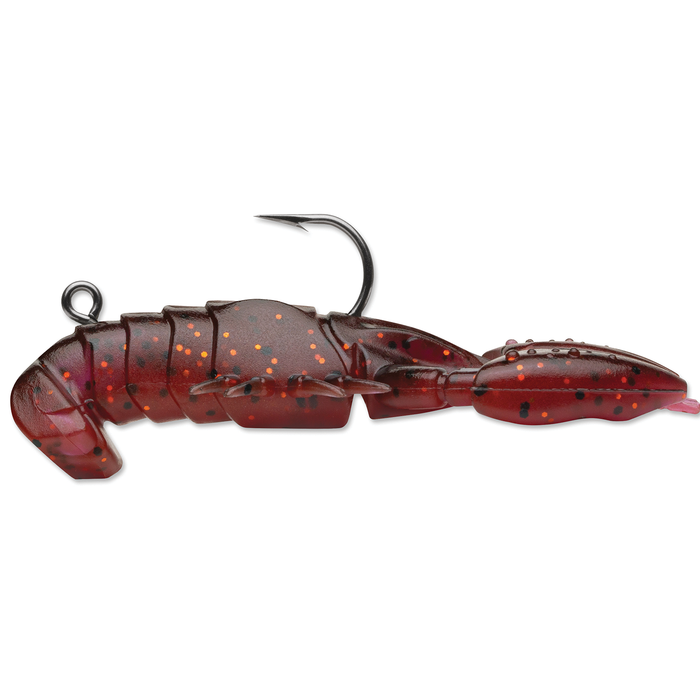 Storm Surge Craw fishing lure in reddish-brown with orange and black speckles, designed to mimic a crawfish and equipped with a single sharp hook for musky and general fishing tackle.