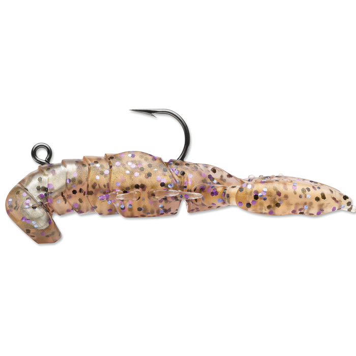 Storm Surge Craw fishing lure designed with segmented translucent body in brown and purple speckled pattern, featuring a single sharp hook for effective fishing tackle use.
