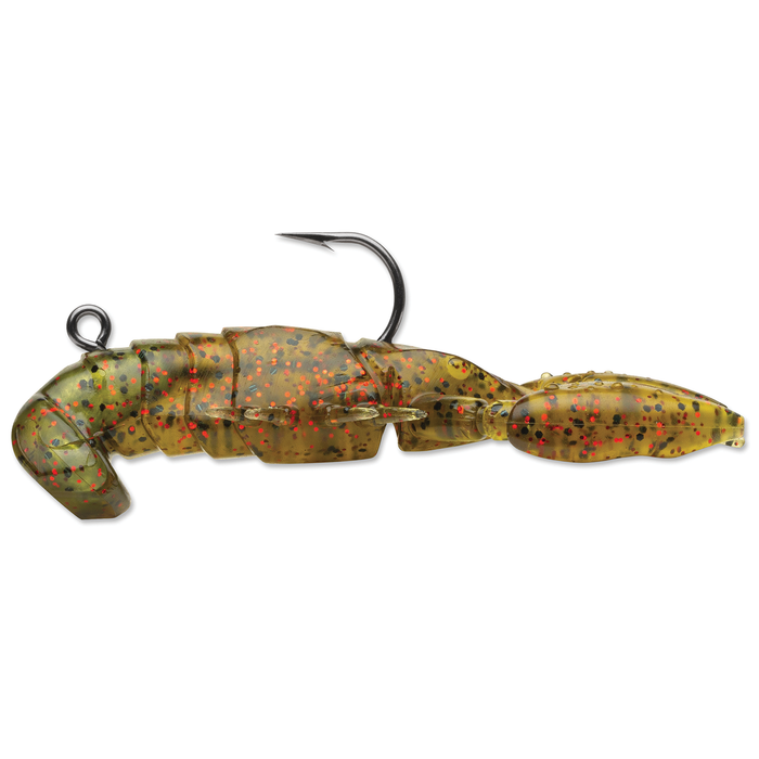 Storm Surge Craw fishing lure designed to imitate a crawfish with segmented body, translucent olive color with red and black flecks, and a single sharp hook for freshwater fishing.
