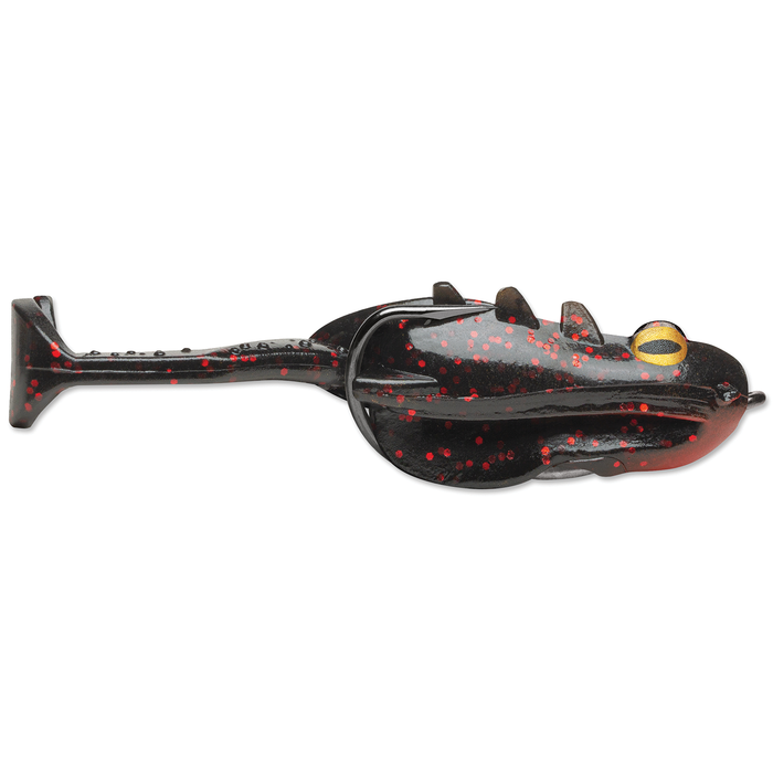 Storm Surge Frog fishing lure designed to mimic a frog with black body and red speckles, featuring yellow eyes and a paddle tail for realistic movement in water.