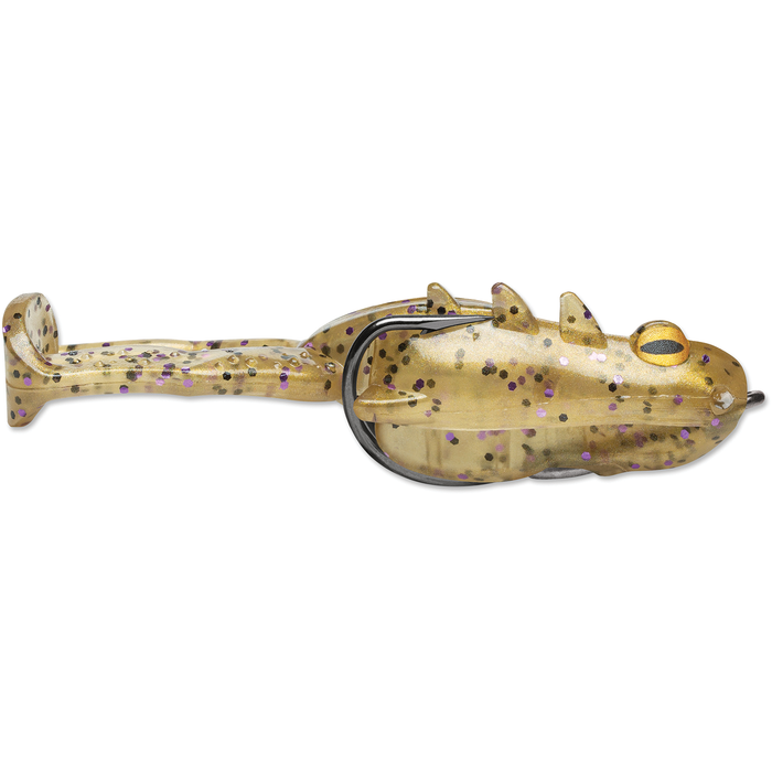 Storm Surge Frog fishing lure designed to resemble a frog with a textured body, realistic eyes, and a curled tail, featuring embedded glitter for added attraction.