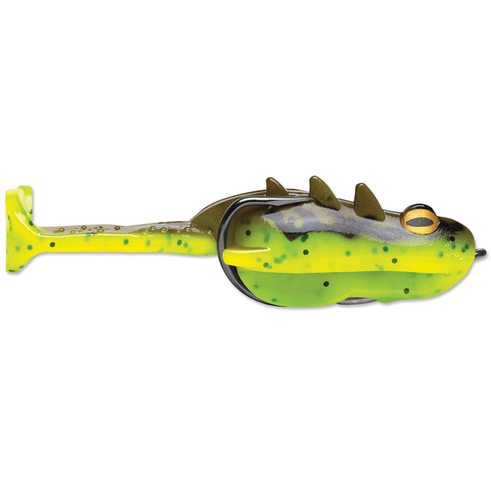 Close-up of a Storm Surge Frog fishing lure designed to mimic a frog with green and yellow coloring, black spots, a paddle tail, and an integrated hook for fishing tackle.