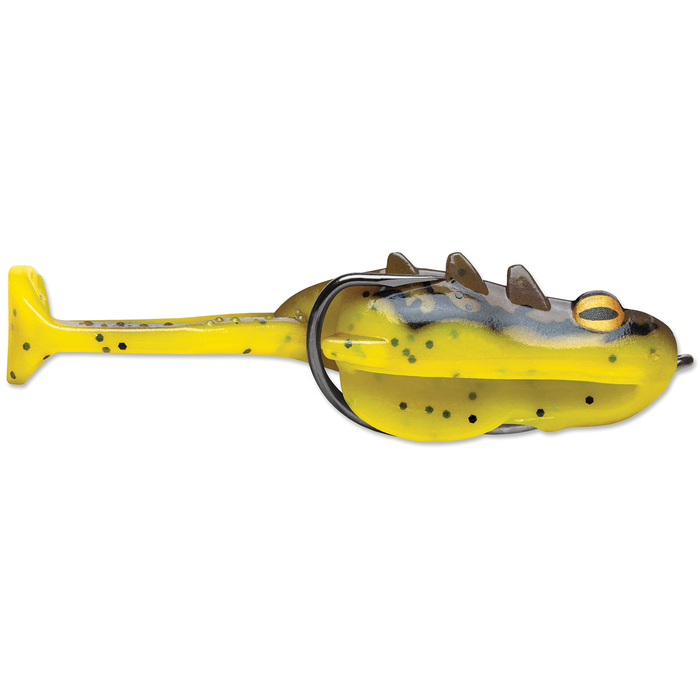 Yellow and green soft plastic fishing lure shaped like a frog, featuring black spots and a wide tail, designed as the Storm Surge Frog for fishing tackle use.