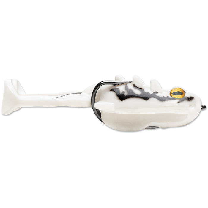 Storm Surge Frog fishing lure designed to mimic a frog with a white and black body, yellow eyes, and a soft tail for effective fishing tackle use.