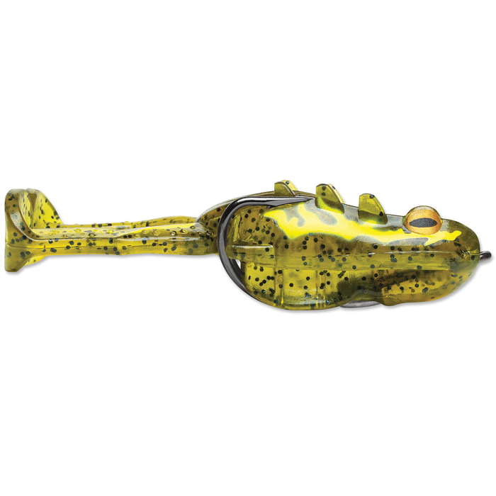 Storm Surge Frog fishing lure in translucent yellow with black speckles, designed to mimic a frog for effective fishing tackle use.
