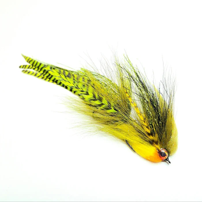 Stream Stalker Flies fishing lure featuring green and yellow feathers with black markings and realistic red eyes, designed for effective musky fishing tackle.