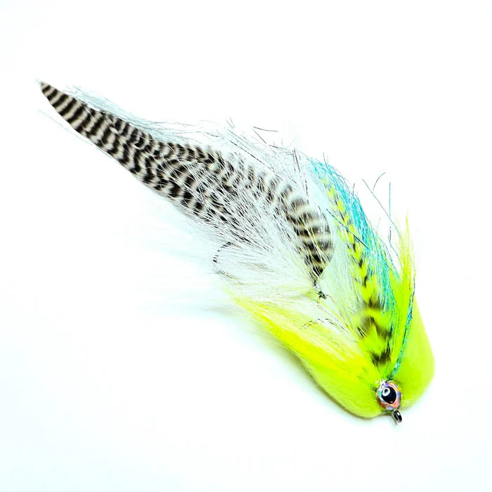 Stream Stalker Flies fishing lure with bright yellow, blue, and black striped feathers designed to mimic prey for musky and other game fish.