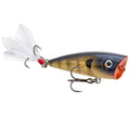 Strike King Bitsy Splash Topwater fishing lure featuring a bluegill-inspired body with black and gold scale pattern, red mouth, white feather tail, and dual treble hooks for fishing tackle.
