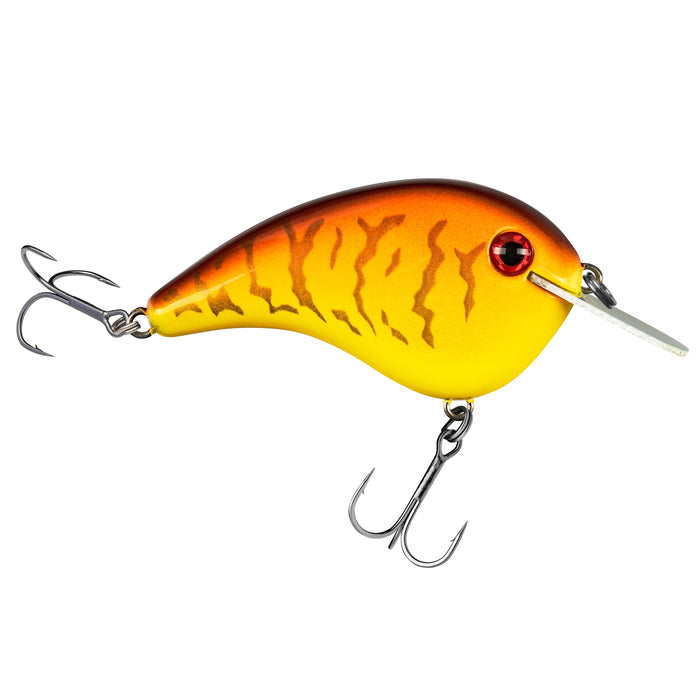 Strike King Chick Magnet Jr. Flat Sided Crankbait in bright yellow and orange with tiger stripe pattern and red eyes, featuring two sharp treble hooks for fishing tackle enthusiasts.