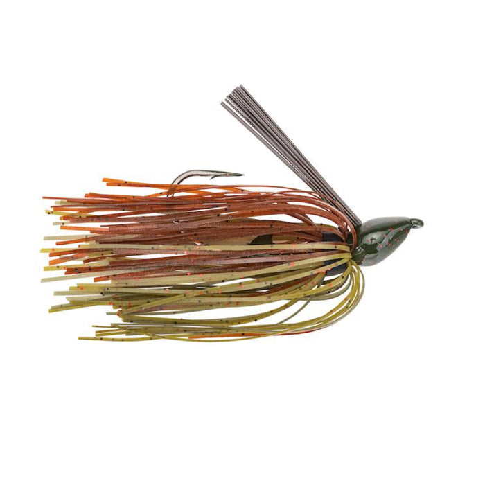 Strike King Denny Brauer Baby Structure Jig fishing lure with a green pumpkin and orange skirt, designed for effective fishing tackle use in musky and other freshwater fishing.