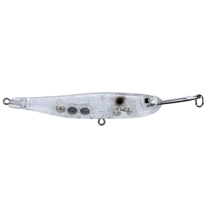 Clear fishing lure with visible internal weights and a diving lip, designed for musky fishing, identified as Strike King Evader for precise fishing tackle use.