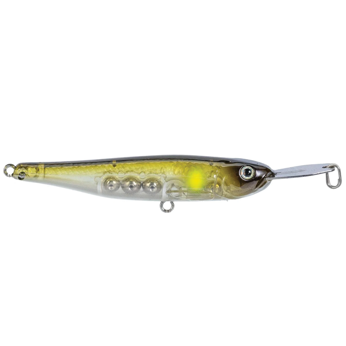 Strike King Evader fishing lure with a translucent yellow and brown body, internal rattling beads, detailed eyes, and a metal diving lip for realistic movement in water.