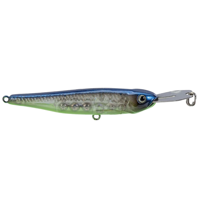 Strike King Evader fishing lure with a blue and green realistic fish design, featuring internal rattles and a metal lip for lifelike movement in water.