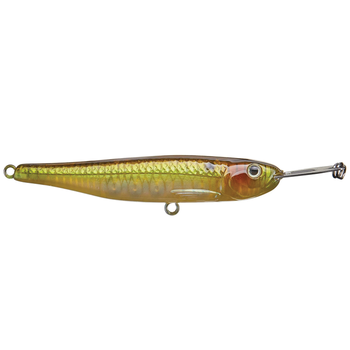 Strike King Evader fishing lure with a translucent gold and brown body, detailed scale texture, and a metal lip for diving action in fishing tackle.