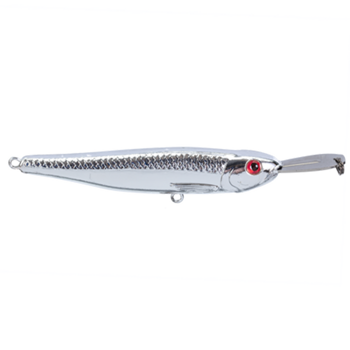 Silver fishing lure with a textured scale pattern and red eyes, designed as the Strike King Evader fishing tackle for musky and freshwater fishing.