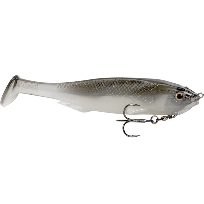 Strike King Final Copy Swimbait in gray and white with realistic fish scale texture and eyes, featuring a soft plastic body and a sharp treble hook for fishing tackle.