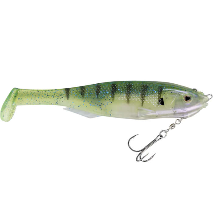 Strike King Final Copy Swimbait fishing lure in green and translucent body with dark vertical stripes, lifelike eyes, and a sharp treble hook for effective fishing tackle use.