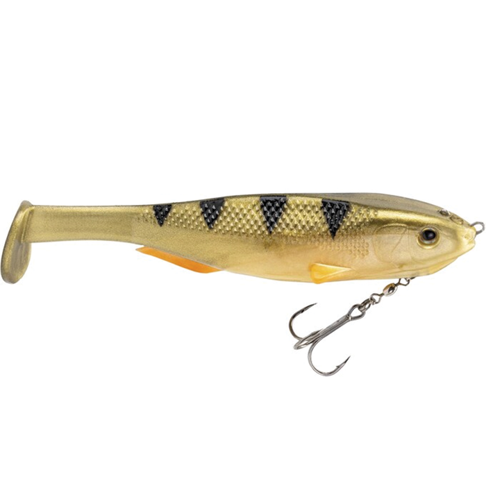 Strike King Final Copy Swimbait fishing lure designed to mimic a small fish, featuring a gold and black body with textured scales and a treble hook for effective fishing tackle use.