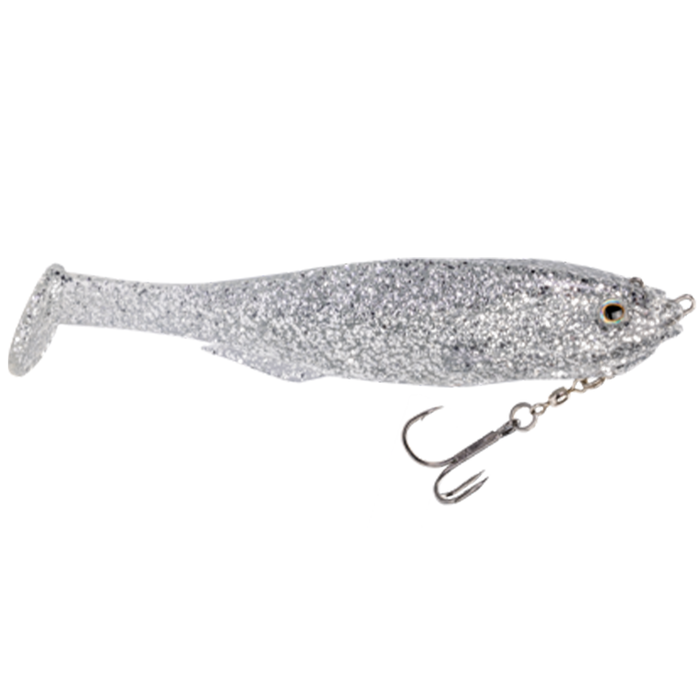 Silver glitter soft plastic fishing lure with paddle tail and two sharp treble hooks attached, designed for use as Strike King Final Copy Swimbait in fishing tackle.
