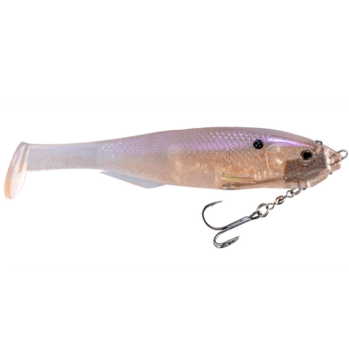 Strike King Final Copy Swimbait fishing lure in translucent pink and gold tones with detailed body texture and sharp treble hook for musky fishing tackle.