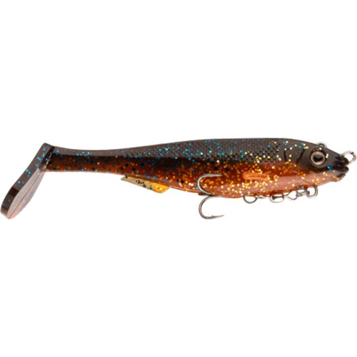 Strike King Final Copy Swimbait fishing lure with a realistic fish shape, dark brown and orange body with blue and gold glitter, featuring a paddle tail and treble hooks for musky fishing.