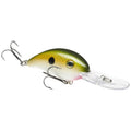 Close-up of a Strike King HC3XD fishing lure with green and yellow body, detailed scale pattern, realistic eye, and two treble hooks, designed for effective fishing tackle use.