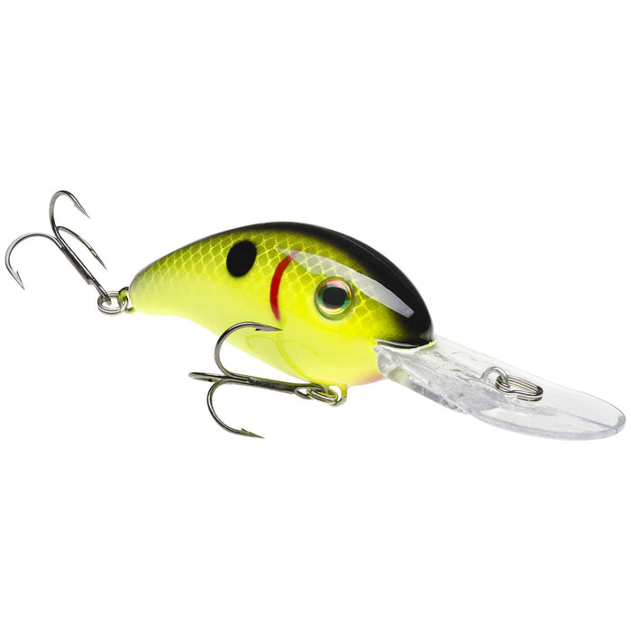 Strike King HC3XD fishing lure with a yellow and black body, detailed scale pattern, two treble hooks, and a clear diving lip designed for freshwater fishing.