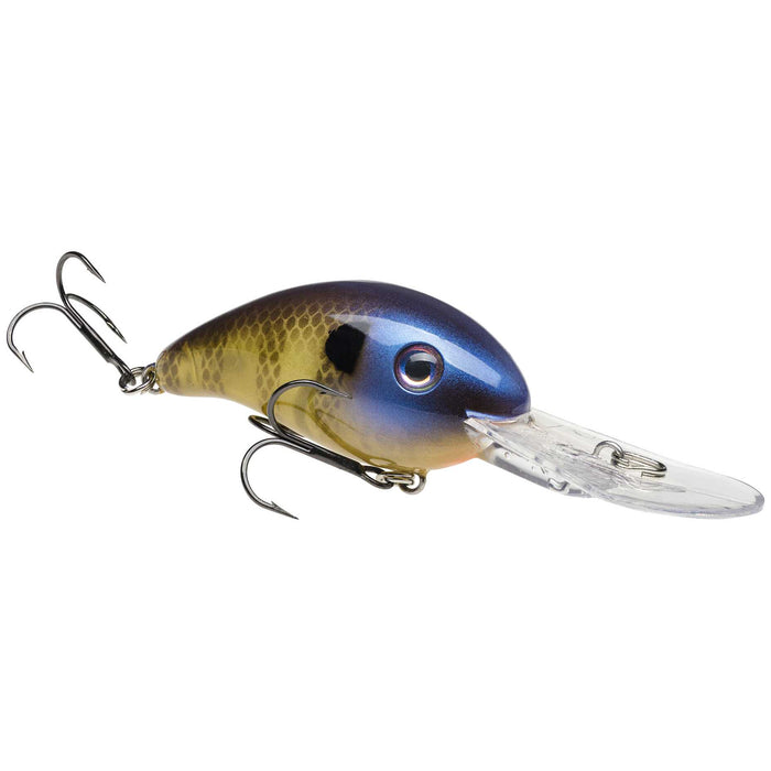 Strike King HC3XD fishing lure in bluegill color featuring a curved body, realistic eyes, two treble hooks, and a clear plastic lip for diving action.