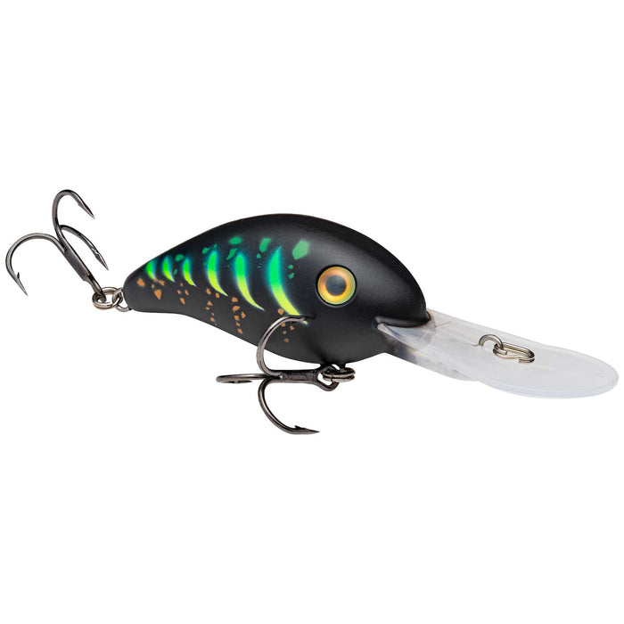 Strike King HC3XD fishing lure with a black and green patterned body, yellow eye detail, two treble hooks, and a clear diving lip for attracting musky and other freshwater fish.