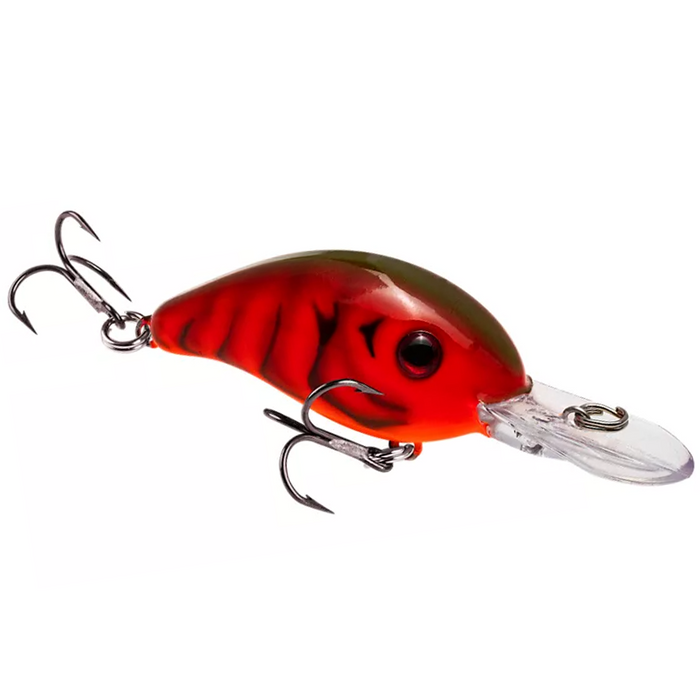 Strike King HC3XD fishing lure with red and olive green body, detailed fish pattern, two treble hooks, and a clear plastic diving lip for fishing tackle enthusiasts.