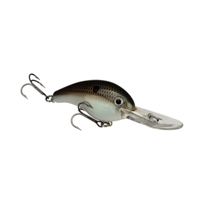 Strike King HC5XD (Standard) fishing lure with a dark scaled body, two sharp treble hooks, and a clear plastic diving lip designed for freshwater fishing tackle.