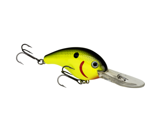 Strike King HC5XD (Standard) fishing lure in black and chartreuse with a clear plastic diving lip and two treble hooks for freshwater fishing tackle.