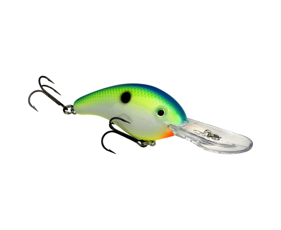 Strike King HC5XD (Standard) fishing lure in bright green and blue with black spot, featuring two sharp treble hooks and a clear diving lip for musky fishing.