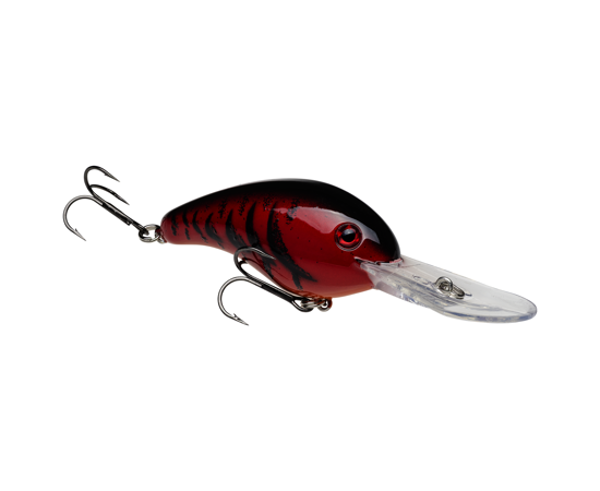 Strike King HC5XD (Standard) fishing lure in red and black with a clear diving lip and two treble hooks, designed for musky fishing and advanced fishing tackle setups.