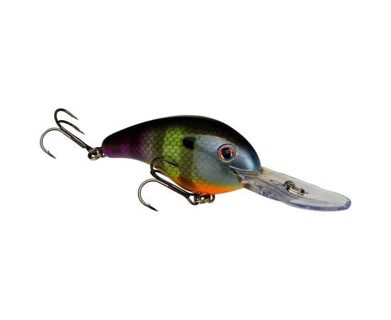 Strike King HC5XD (Standard) fishing lure with a detailed scale pattern in green, orange, and purple hues, featuring a clear extended diving lip and two treble hooks for freshwater fishing.