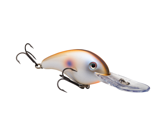 Strike King HC5XD (Standard) fishing lure in a white and orange color with two treble hooks and a clear plastic diving lip, designed for freshwater fishing tackle.