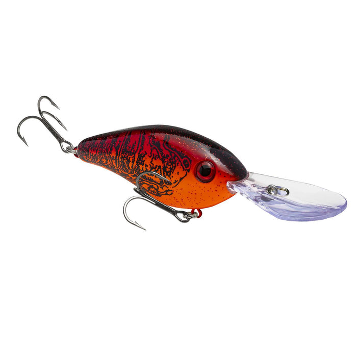 Strike King HC6XDHK (Hard Knock) fishing lure in red and black with detailed pattern, equipped with two sharp treble hooks and a clear diving lip for deep water fishing.