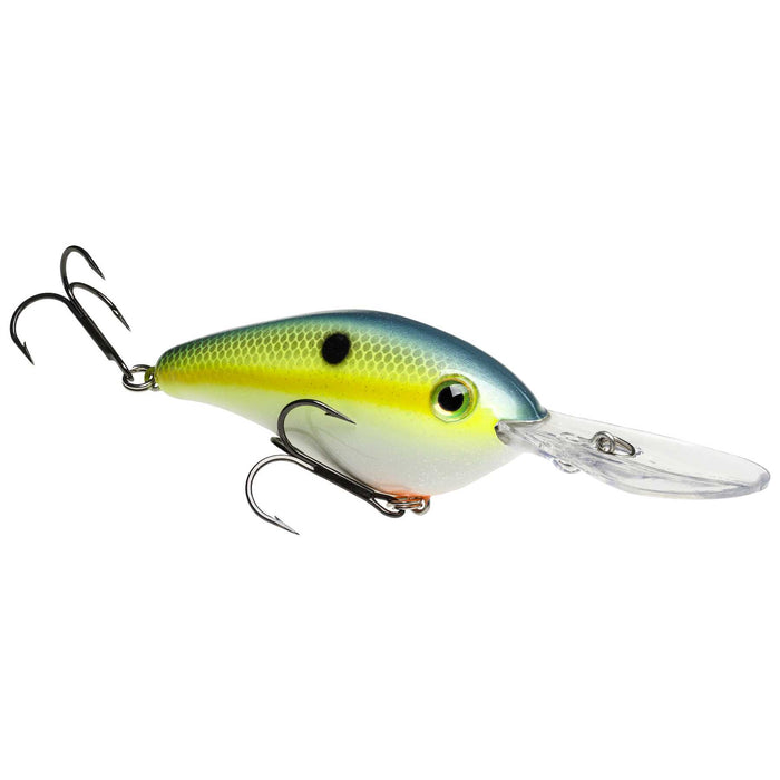 Strike King HC6XDHK (Hard Knock) fishing lure in chartreuse and blue with a realistic fish scale pattern, clear diving lip, and two sharp treble hooks for freshwater fishing tackle.