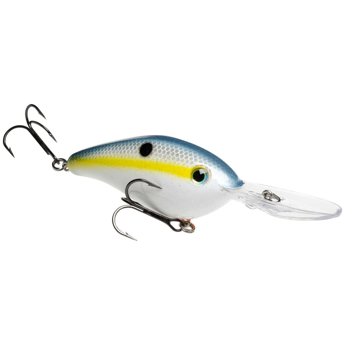 Strike King HC6XDHK (Hard Knock) fishing lure in a blue, white, and yellow color pattern with two treble hooks and a clear plastic diving lip, designed for effective fishing tackle use.