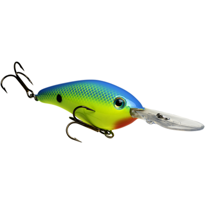 Close-up of a Strike King HC6XDHK (Hard Knock) fishing lure with blue, green, and yellow coloring, detailed scale pattern, and two sharp treble hooks for fishing tackle use.