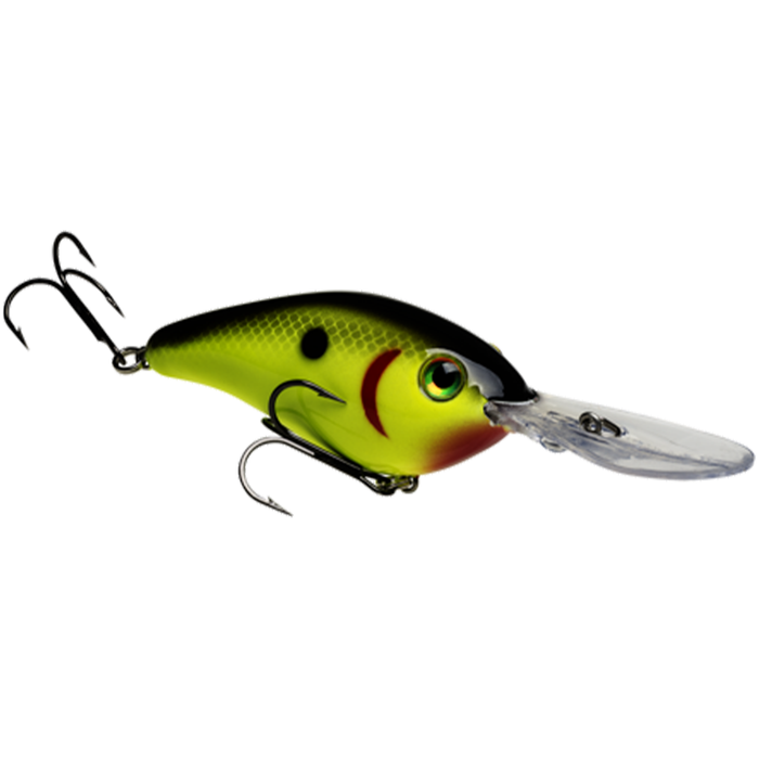 Strike King HC6XDHK (Hard Knock) fishing lure with a green and black scaled body, yellow underbelly, realistic eye, and equipped with two sharp treble hooks and a clear diving lip.
