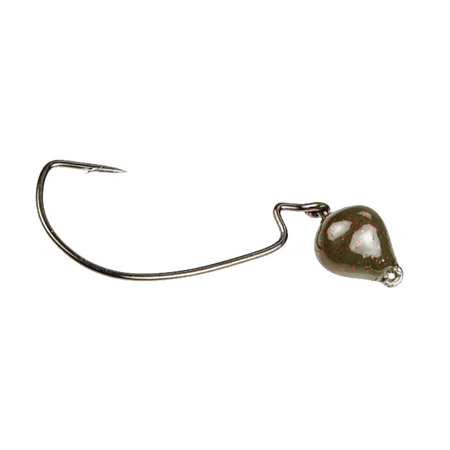 Close-up of a Strike King Jointed Structure Head fishing lure featuring a dark metallic weighted head and a sharp curved hook designed for effective fishing tackle use.